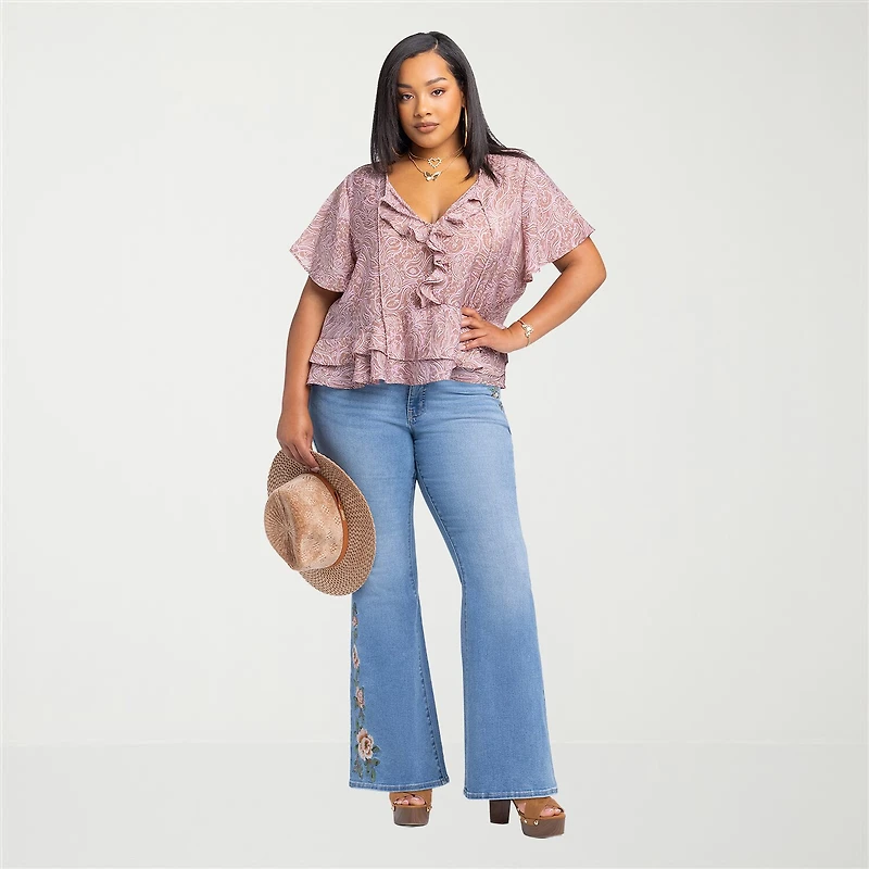 JS Jessica Simpson Womens Plus Split Tie Neck Short Sleeve Blouse