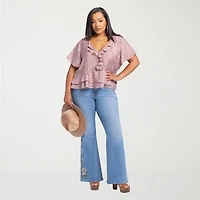 JS Jessica Simpson Womens Plus Split Tie Neck Short Sleeve Blouse