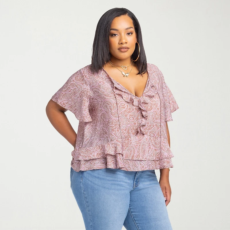JS Jessica Simpson Womens Plus Split Tie Neck Short Sleeve Blouse