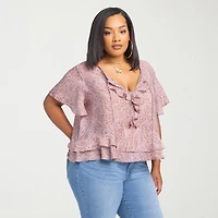 JS Jessica Simpson Womens Plus Split Tie Neck Short Sleeve Blouse