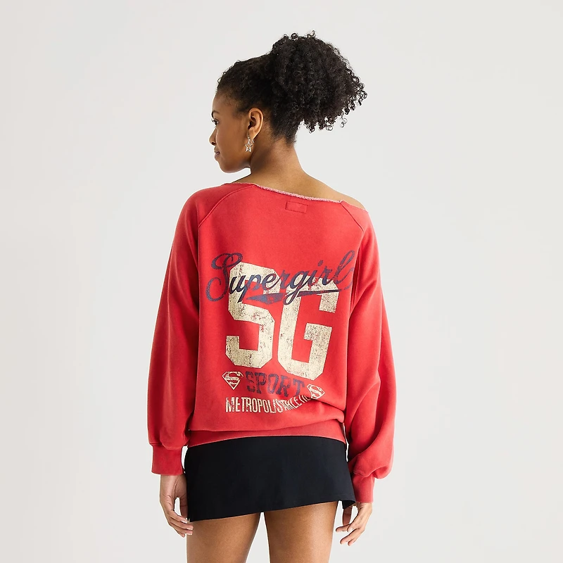 Arizona Womens Juniors Asymmetrical Neck Long Sleeve Supergirl Sweatshirt