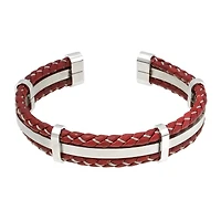 Mens Braided Brown Leather Stainless Steel Cuff Bracelet