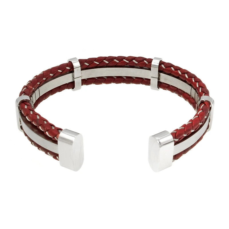 Mens Braided Brown Leather Stainless Steel Cuff Bracelet