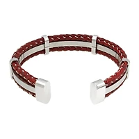 Mens Braided Brown Leather Stainless Steel Cuff Bracelet