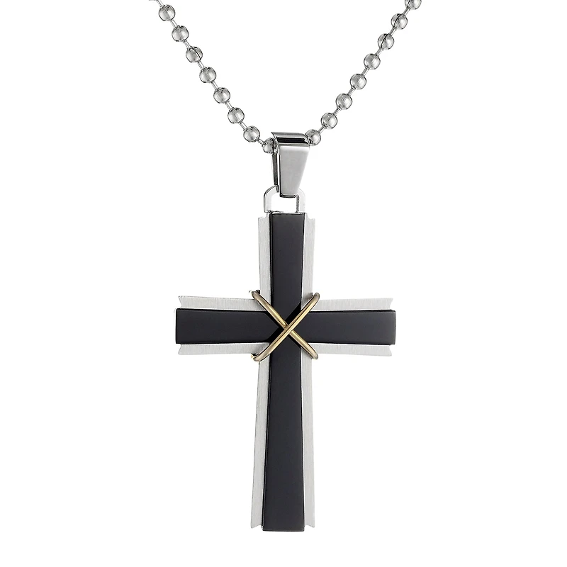 Mens Stainless Steel & Black IP Cross Pendant Necklace