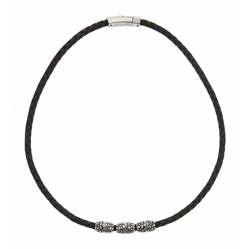 Mens Braided Black Leather Stainless Steel Necklace