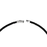 Mens Braided Black Leather Stainless Steel Necklace