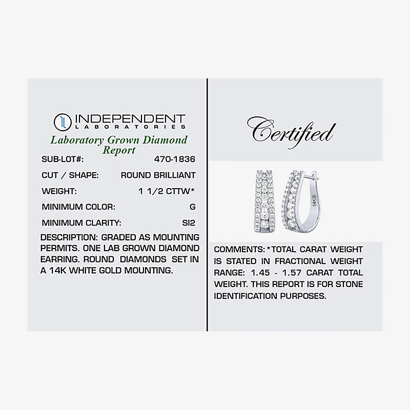 (G / Si2) Womens 1 1/2 CT. T.W. Lab Grown White Diamond 14K Gold 20.9mm Hoop Earrings
