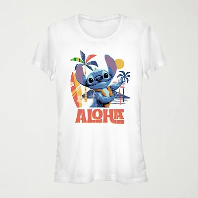 Lilo And Stitch The Movie Aloha Tee Womens Juniors Crew Neck Short Sleeve Regular Fit & Graphic T-Shirt