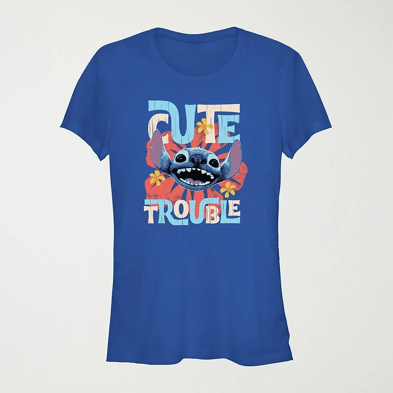 Lilo And Stitich The Movie Cute Trouble Tee Womens Juniors Crew Neck Short Sleeve Regular Fit & Stitch Graphic T-Shirt