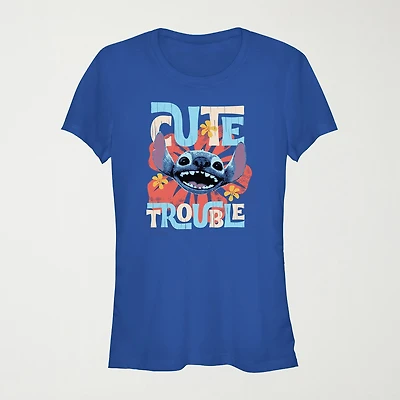 Lilo And Stitich The Movie Cute Trouble Tee Womens Juniors Crew Neck Short Sleeve Regular Fit & Stitch Graphic T-Shirt