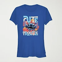 Lilo And Stitich The Movie Cute Trouble Tee Womens Juniors Crew Neck Short Sleeve Regular Fit & Stitch Graphic T-Shirt