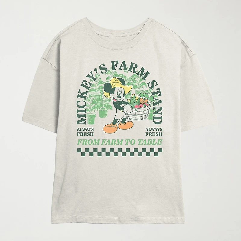 Disney Mickey Mouse Farm Stand Tee Womens Juniors Crew Neck Short Sleeve Regular Fit Graphic T-Shirt