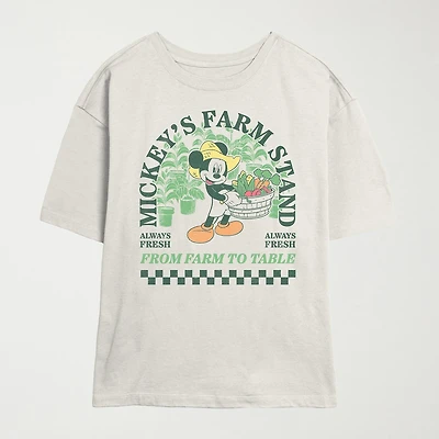 Disney Mickey Mouse Farm Stand Tee Womens Juniors Crew Neck Short Sleeve Regular Fit Graphic T-Shirt