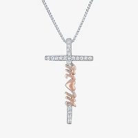"Mom" (G-H / Si2 I1) Womens 1/10 CT. T.W. Lab Grown White Diamond 14K Rose Gold Over Silver Sterling Silver Cross 18 Inch Pendant Necklace