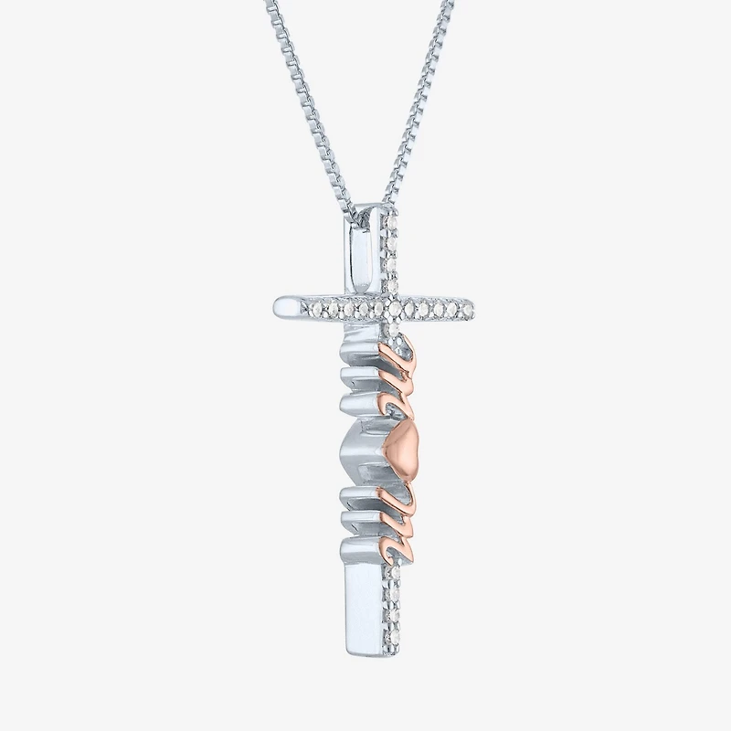 "Mom" (G-H / Si2 I1) Womens 1/10 CT. T.W. Lab Grown White Diamond 14K Rose Gold Over Silver Sterling Silver Cross 18 Inch Pendant Necklace