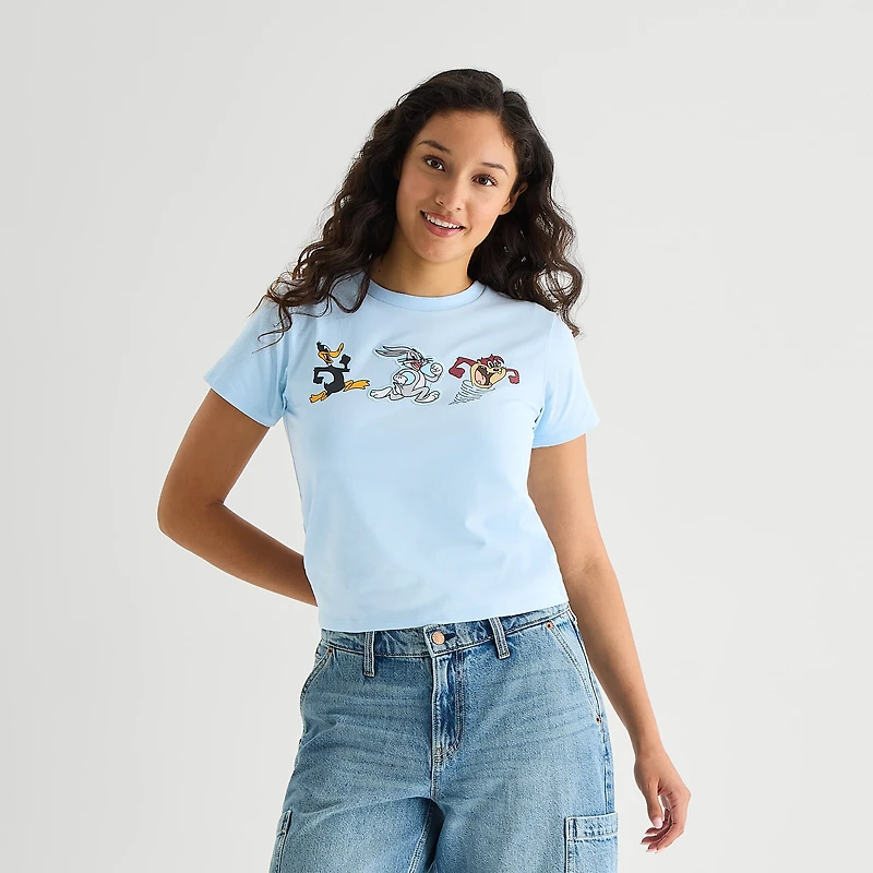 Looney Toons Baby Tee Womens Juniors Crew Neck Short Sleeve Fitted Tunes Graphic T-Shirt