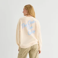 Womens Juniors Crew Neck Long Sleeve Embroidered Mickey Mouse Sweatshirt