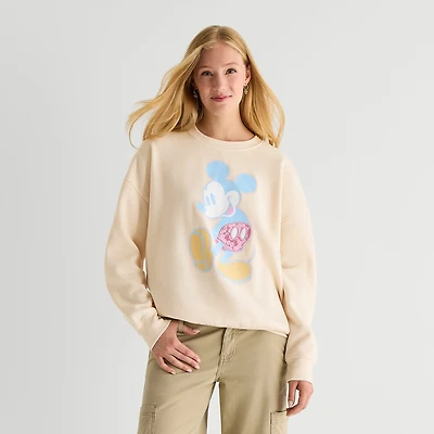 Womens Juniors Crew Neck Long Sleeve Embroidered Mickey Mouse Sweatshirt