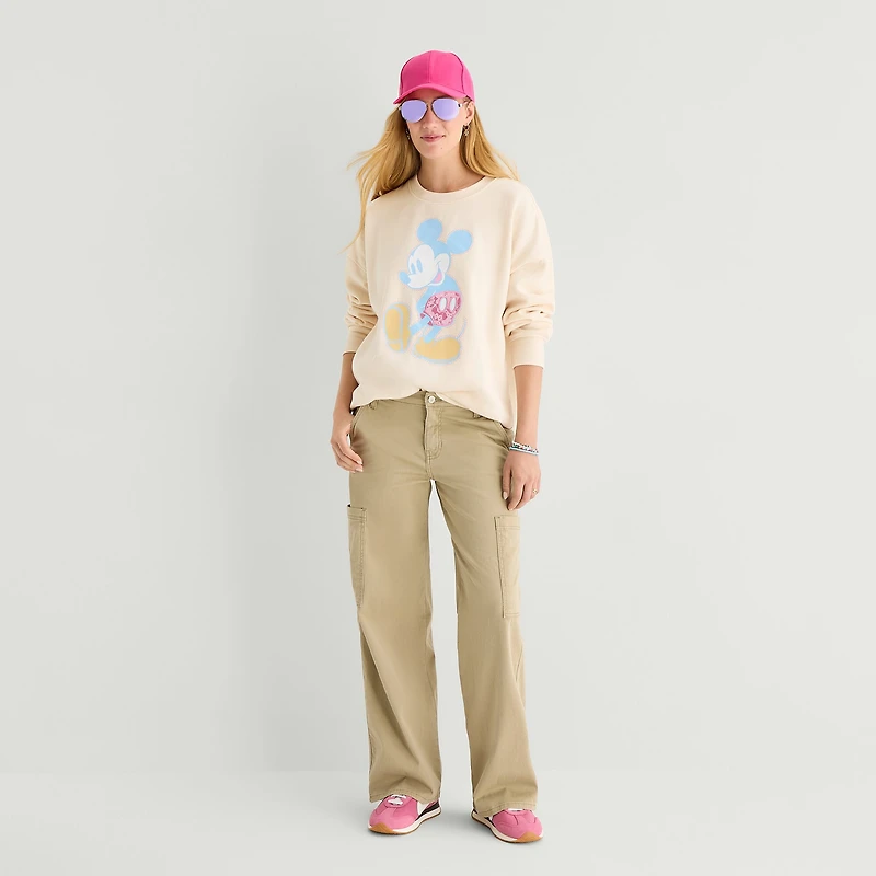 Womens Juniors Crew Neck Long Sleeve Embroidered Mickey Mouse Sweatshirt