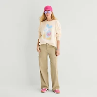Womens Juniors Crew Neck Long Sleeve Embroidered Mickey Mouse Sweatshirt