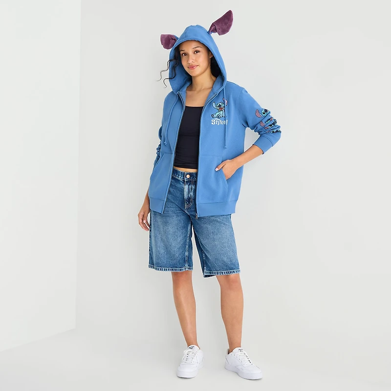 Stitch Cosplay Full Zip Womens Juniors Long Sleeve Embroidered Zipper Hoodie