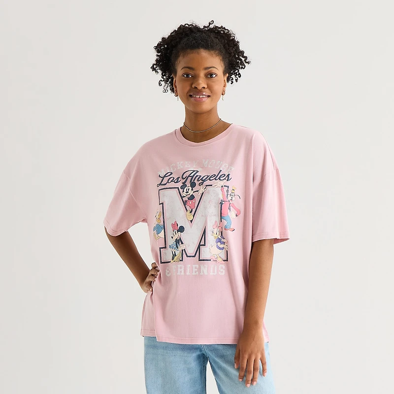Womens Juniors Crew Neck Short Sleeve Oversized Mickey Mouse Graphic T-Shirt