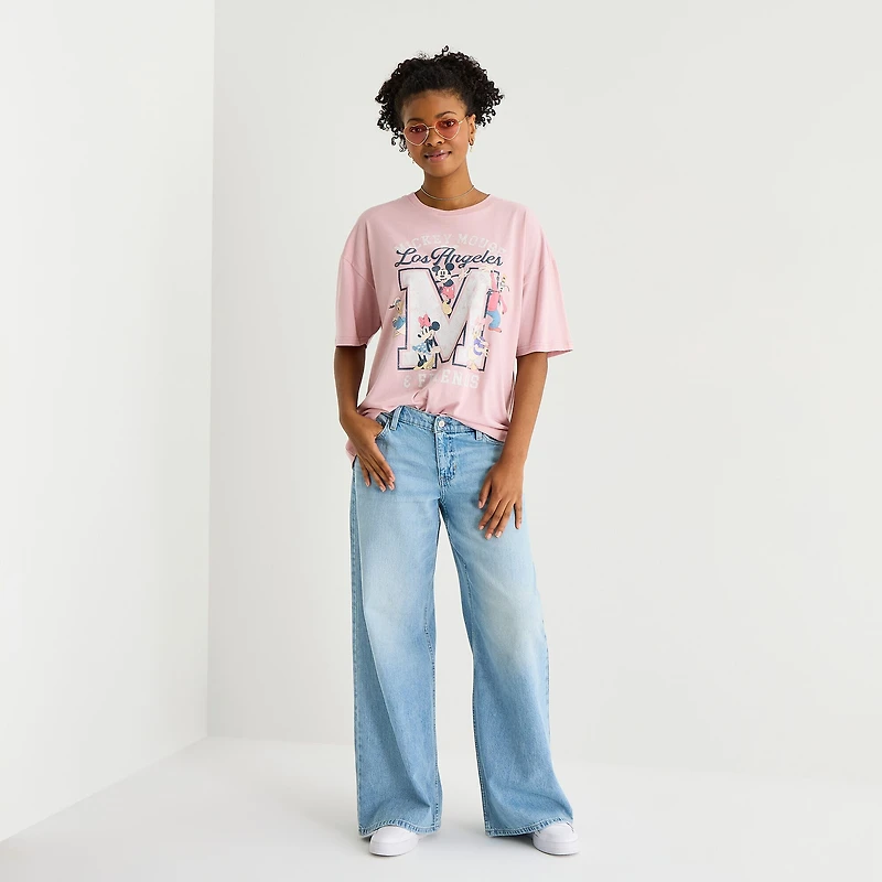 Womens Juniors Crew Neck Short Sleeve Oversized Mickey Mouse Graphic T-Shirt