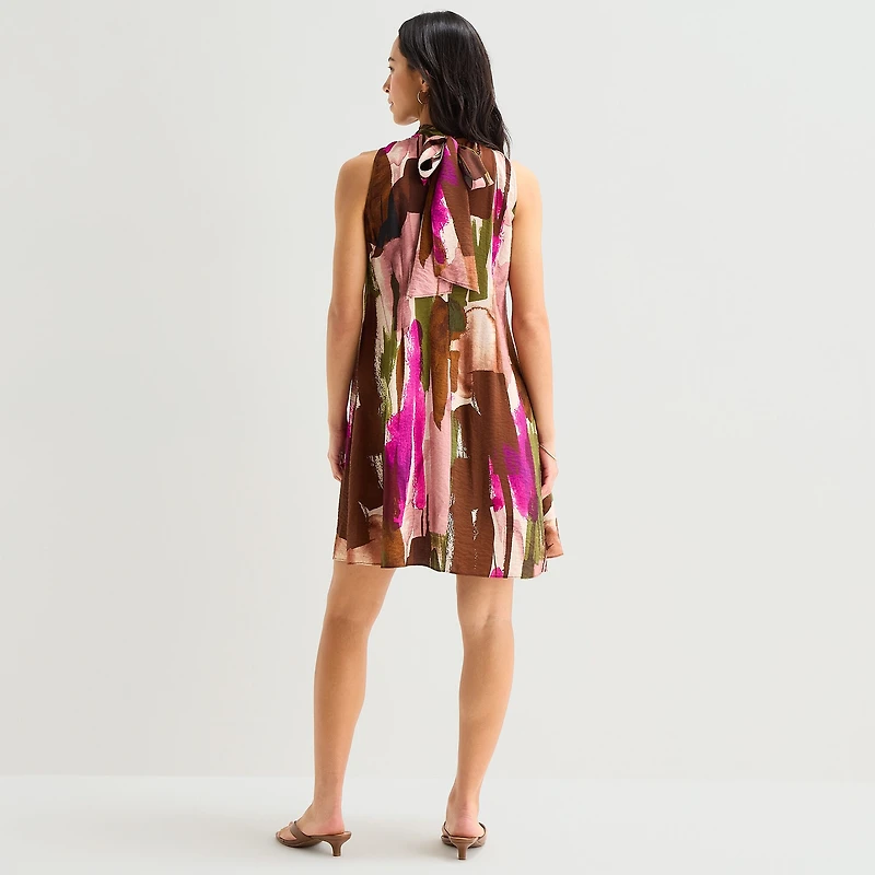 Isabel & Nina Womens Split Tie Neck Sleeveless Abstract Shift Dress