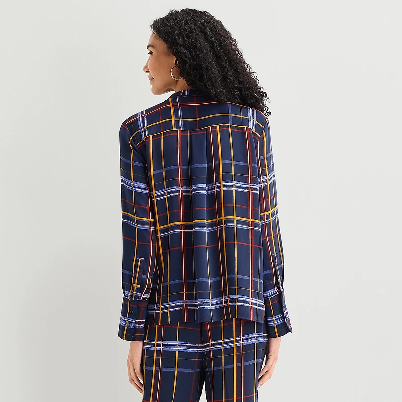 Liz Claiborne Womens Round Neck Cuffed Long Sleeve Regular Fit Button-Down Shirt