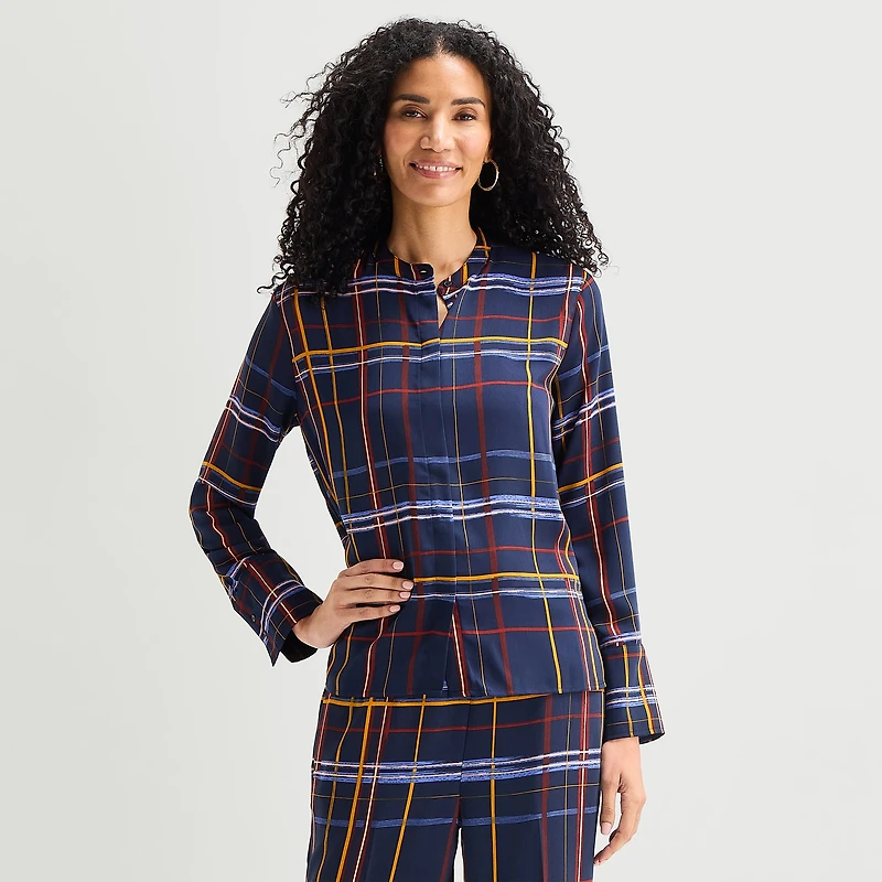 Liz Claiborne Womens Round Neck Cuffed Long Sleeve Regular Fit Button-Down Shirt