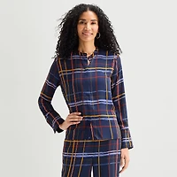 Liz Claiborne Womens Round Neck Cuffed Long Sleeve Regular Fit Button-Down Shirt