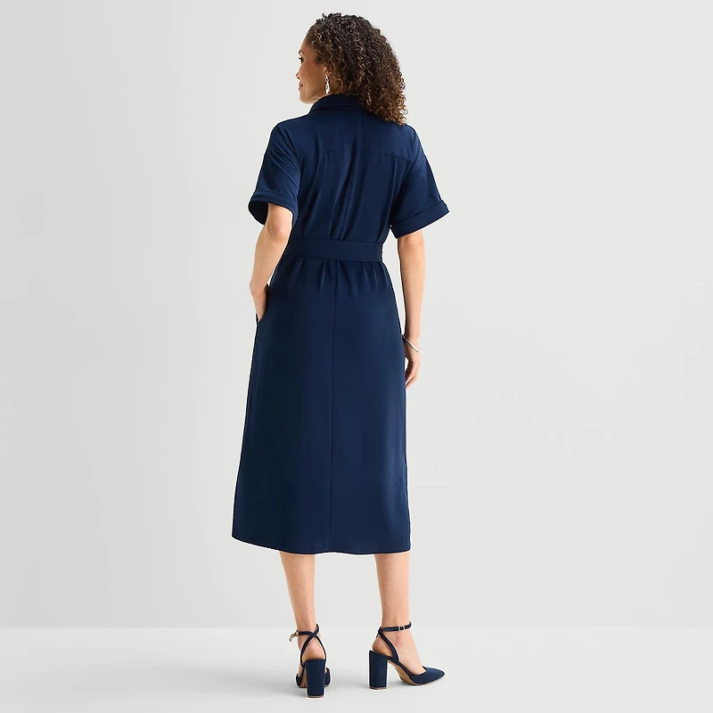 Liz Claiborne Womens Short Sleeve Midi Shirt Dress