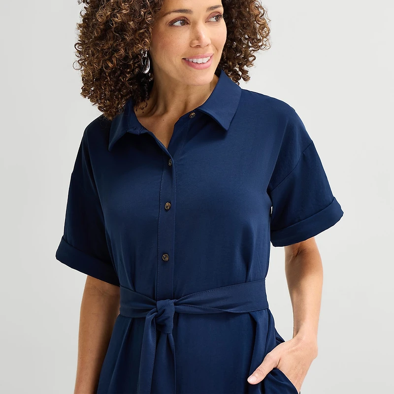 Liz Claiborne Womens Short Sleeve Midi Shirt Dress