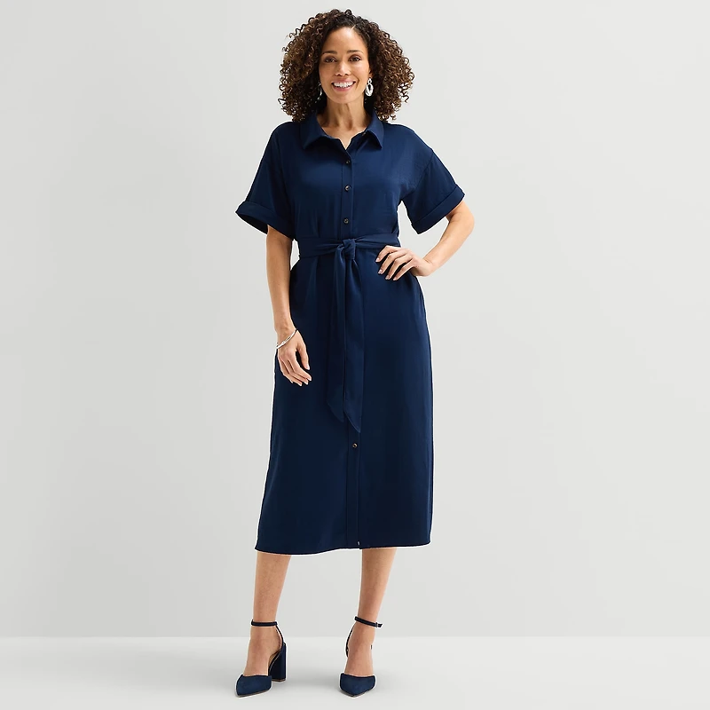 Liz Claiborne Womens Short Sleeve Midi Shirt Dress