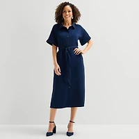Liz Claiborne Womens Short Sleeve Midi Shirt Dress