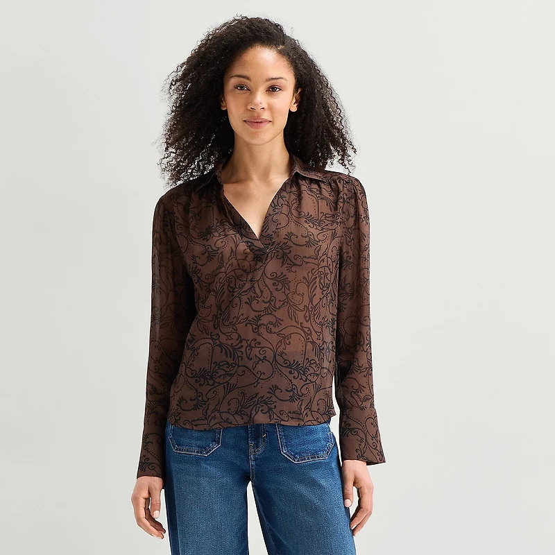 A.N.A Sheer Womens Long Sleeve Blouse