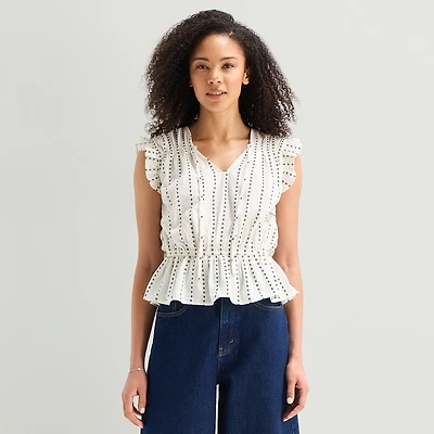 a.n.a Womens Split Tie Neck Sleeveless Peplum Top