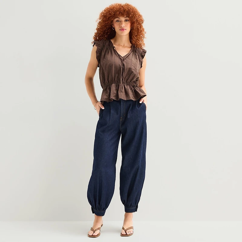 a.n.a Womens Split Tie Neck Sleeveless Peplum Top