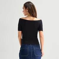 a.n.a Ribbed Off The Shoulder Womens Straight Neck Short Sleeve Blouse