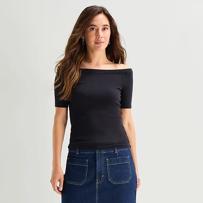a.n.a Ribbed Off The Shoulder Womens Straight Neck Short Sleeve Blouse