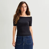 a.n.a Ribbed Off The Shoulder Womens Straight Neck Short Sleeve Blouse