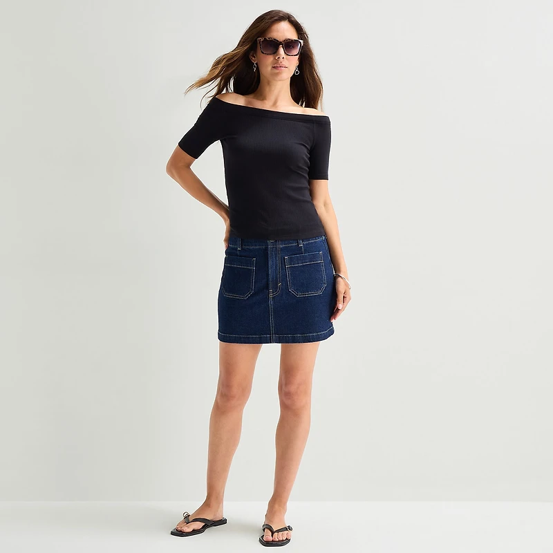a.n.a Ribbed Off The Shoulder Womens Straight Neck Short Sleeve Blouse