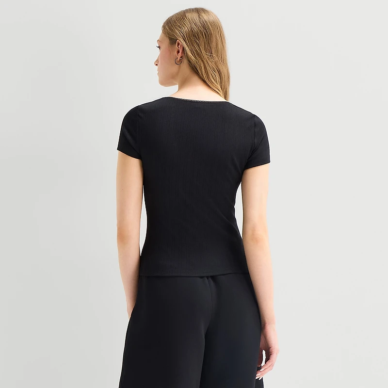 a.n.a Pointelle Womens Sweetheart Neck Short Sleeve T-Shirt