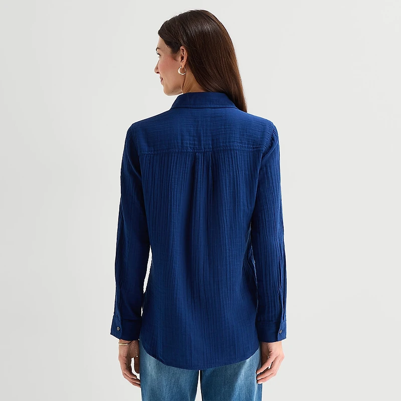 St. John's Bay Womens Long Sleeve Regular Fit Button-Down Shirt