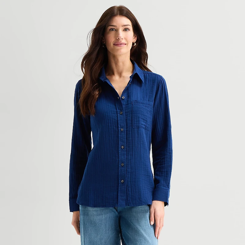 St. John's Bay Womens Long Sleeve Regular Fit Button-Down Shirt