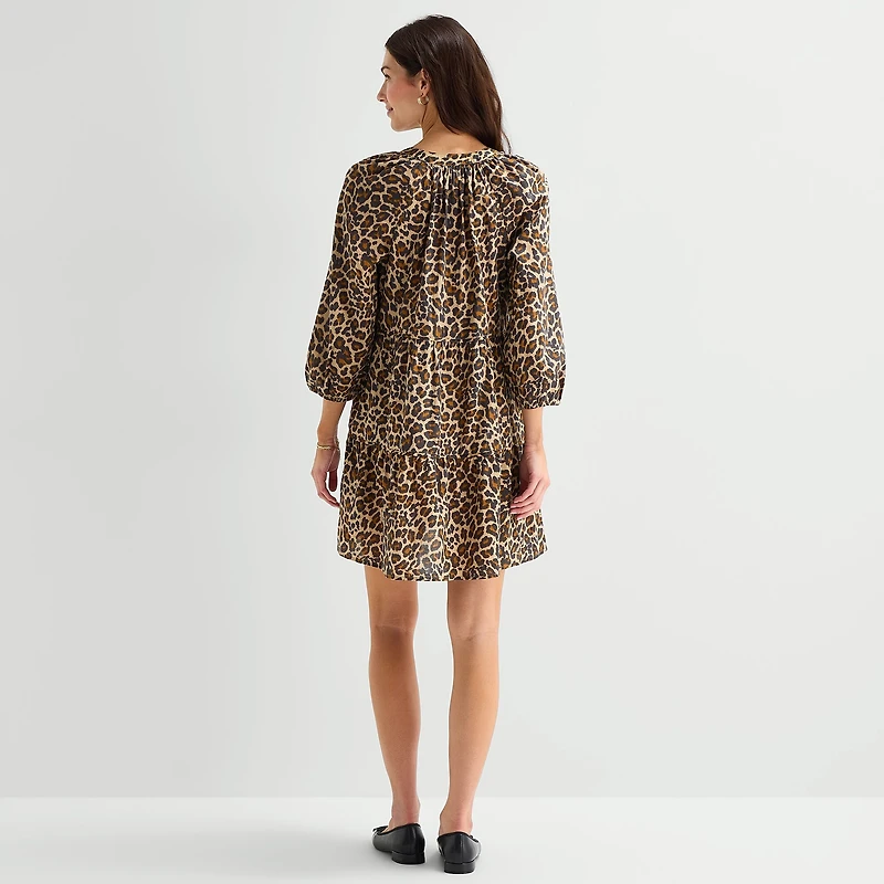 St. John's Bay Womens Split Crew Neck Long Sleeve Animal A-Line Dress