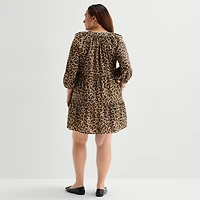 St. John's Bay Womens Plus Split Crew Neck 3/4 Sleeve Animal A-Line Dress