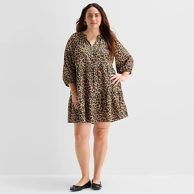 St. John's Bay Womens Plus Split Crew Neck 3/4 Sleeve Animal A-Line Dress
