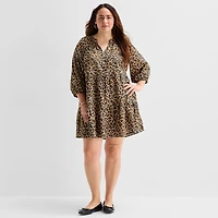 St. John's Bay Womens Plus Split Crew Neck 3/4 Sleeve Animal A-Line Dress